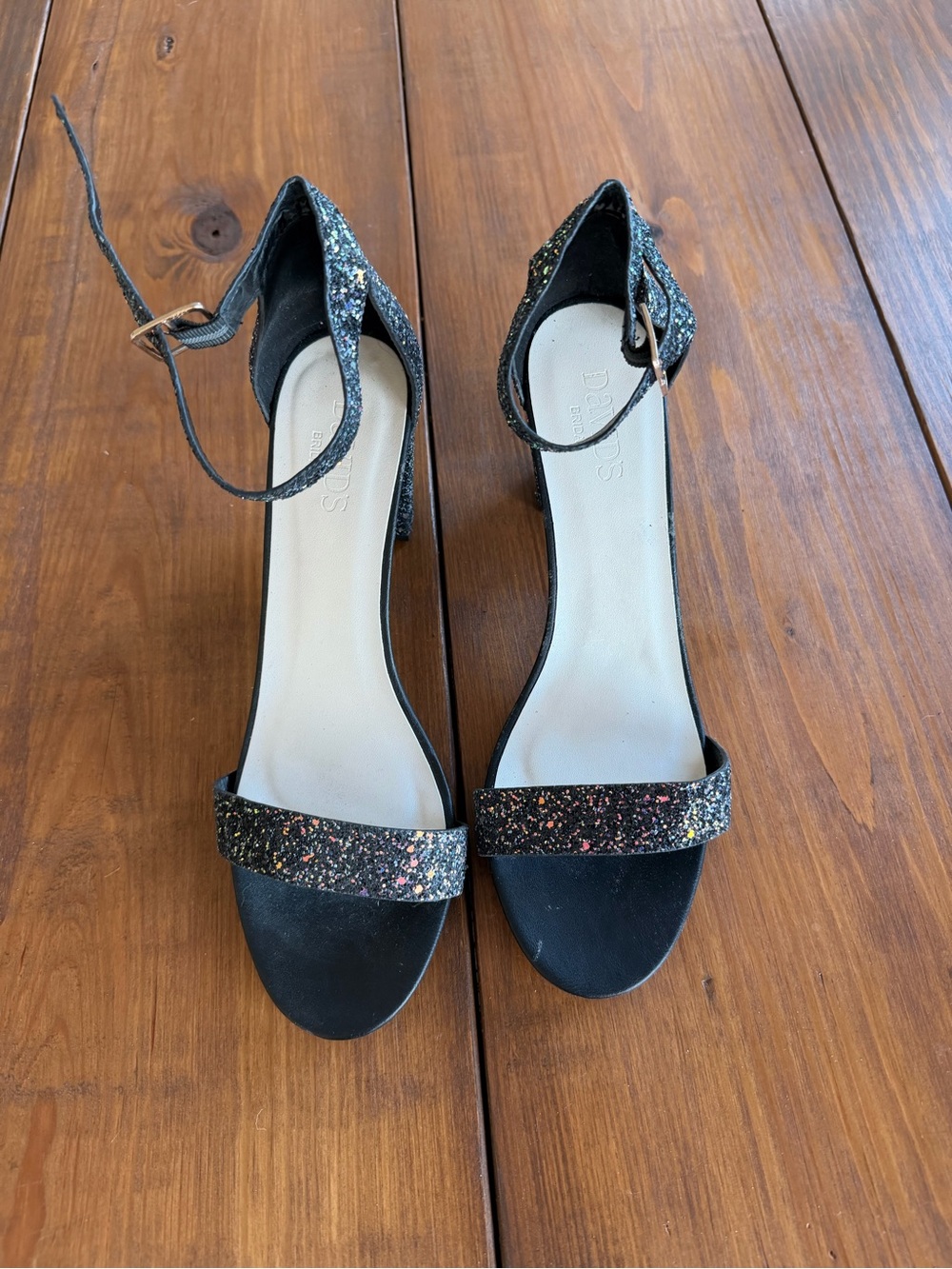 David's Bridal Black Glitter Ankle-Strap Heels